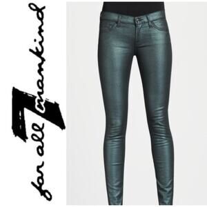 7 for all Mankind Emerald Green Metallic Skinny Jeans Women's Size 27 NWT